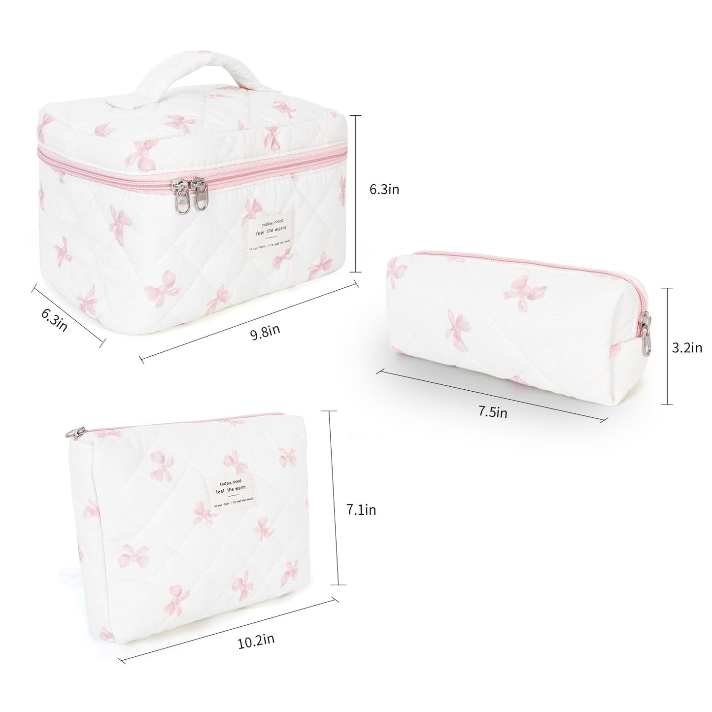 GISMTR 3Pcs Makeup Bag Cotton Quilted Travel Cosmetic Bag Cute Floral Makeup Pouch Large Toiletry Bag for Women Girls (Bow-Pink)