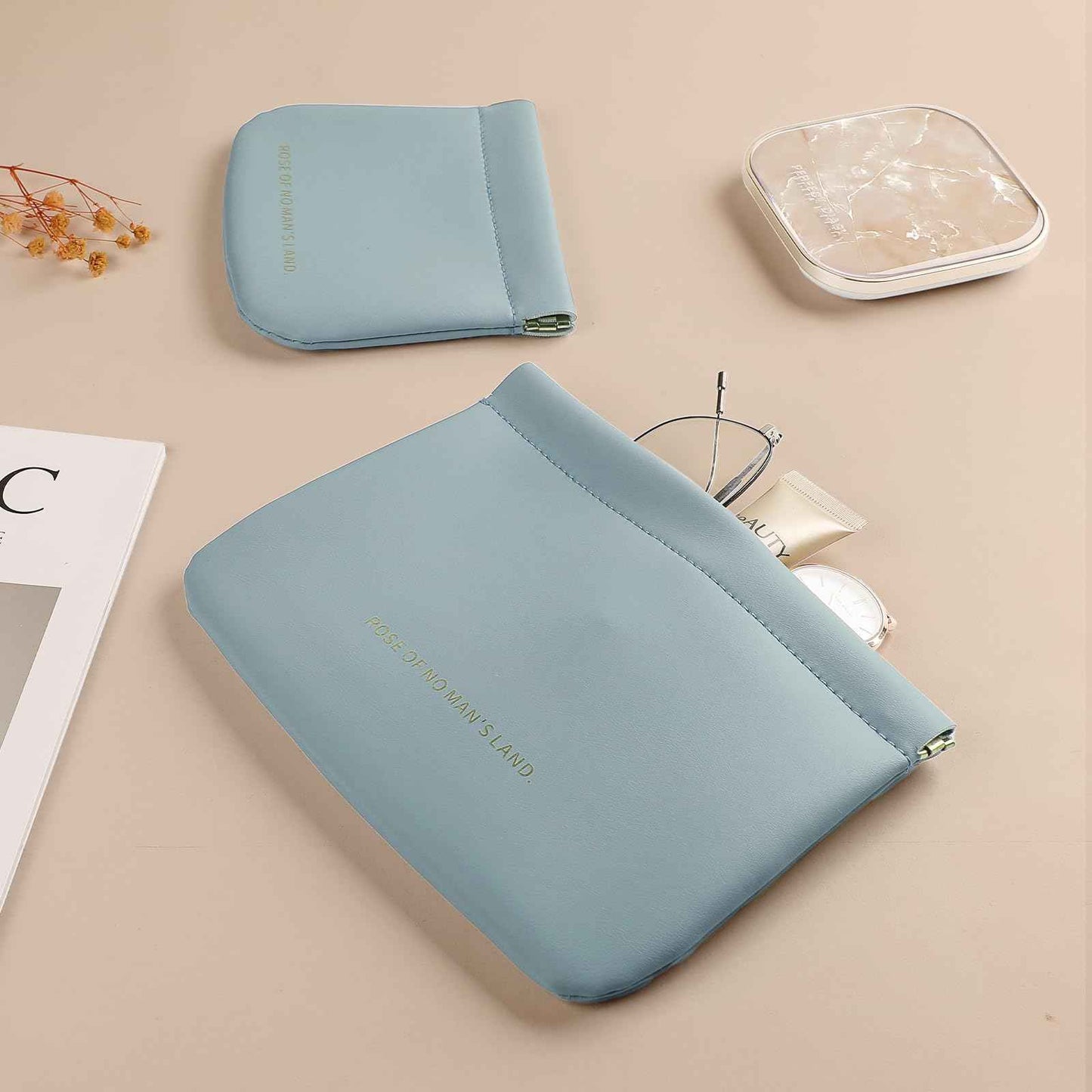 NICLNGSH 2 PCS Small Cosmetic Bag for Purse, Organosilicon Super Fiber Leather Mini Makeup Bag Coin Purse for Women, Snap Closure Travel Makeup Pouch for Lipstick Jewelry Key Change (Blue)