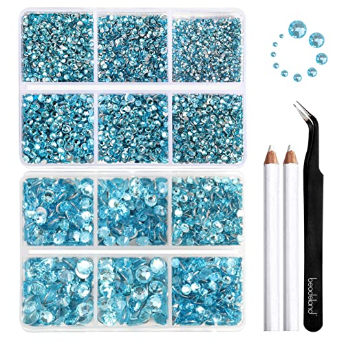 Beadsland 8300PCS Flatback Rhinestones, Light Green Rhinestone Nail Gems Round Crystal Rhinestones for Crafts, Mixed 10 Sizes with Wax Pencil and Tweezer Kit, SS3-SS30, Peridot