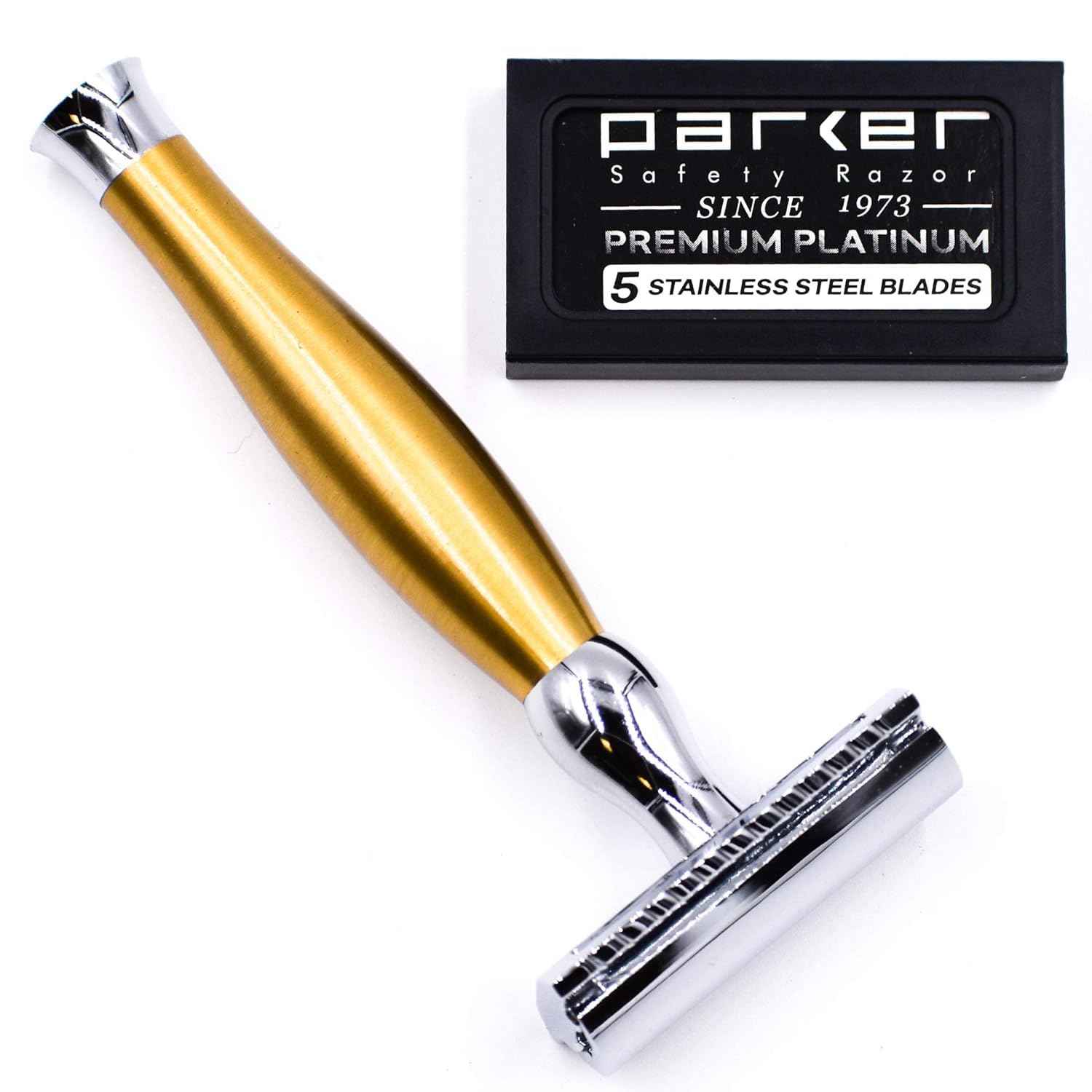 Parker 48R Heavyweight 3-Piece Double Edge Razor – Matte Gold Finish with 5 Premium Platinum Double Edge Razor Blades - Delivers a Barber Shop Quality Shave