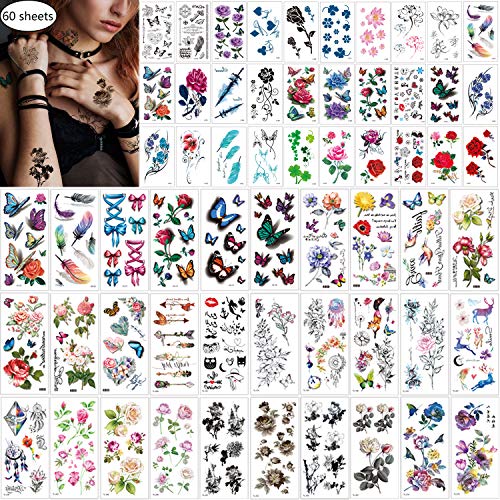 60 Sheets Waterproof Temporary Tattoos Stickers - Flowers & Butterflies