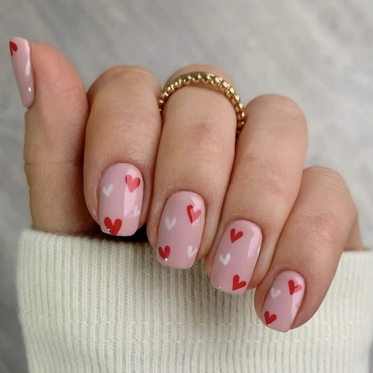 Valentine's Day Square Press on Nails Short Fake Nails Pink False Nails with Designs Red White Heart Artificial Acrylic Nails Full Cover Glossy Glue on Nails for Woman Nail Decorations 24Pcs