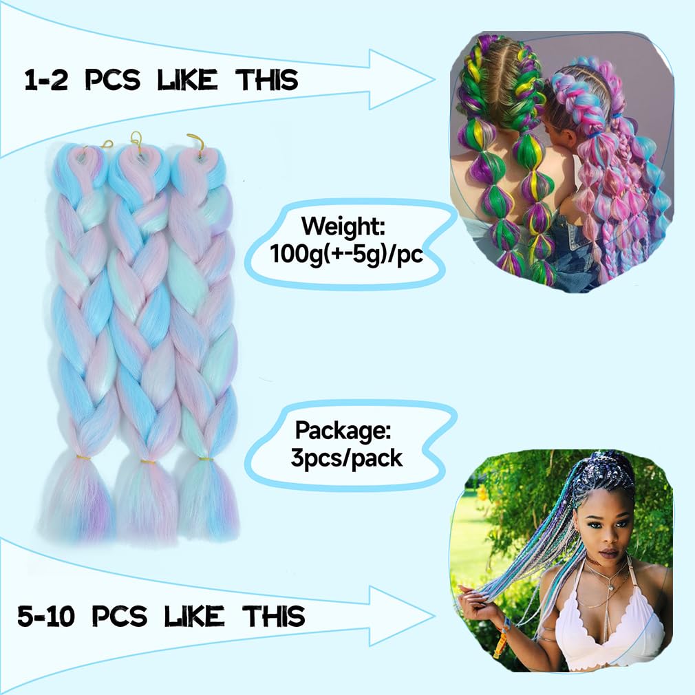 Rainbow Braiding Hair 3 Packs 24inch Jumbo Braiding Hair Extension Four Color Mix Braiding For Twist Braids,Jumbo Box Braids High Temperature Synthetic Fiber(Pink/Blue/Purple/Light Cyan)