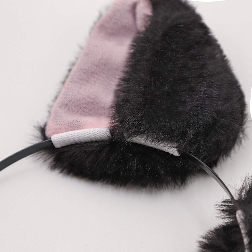 BAOBAO Women Girl Cat Fox Long Fur Ears Headband Party Cosplay Costume Hairband (Black&Pink)