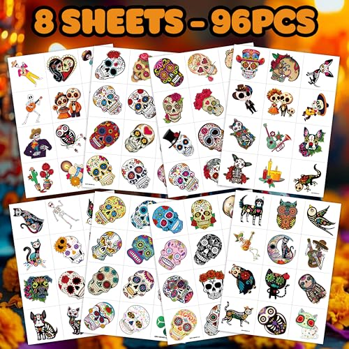 96 PCS Day of the Dead Temporary Tattoos - Sugar Skull Party Favors