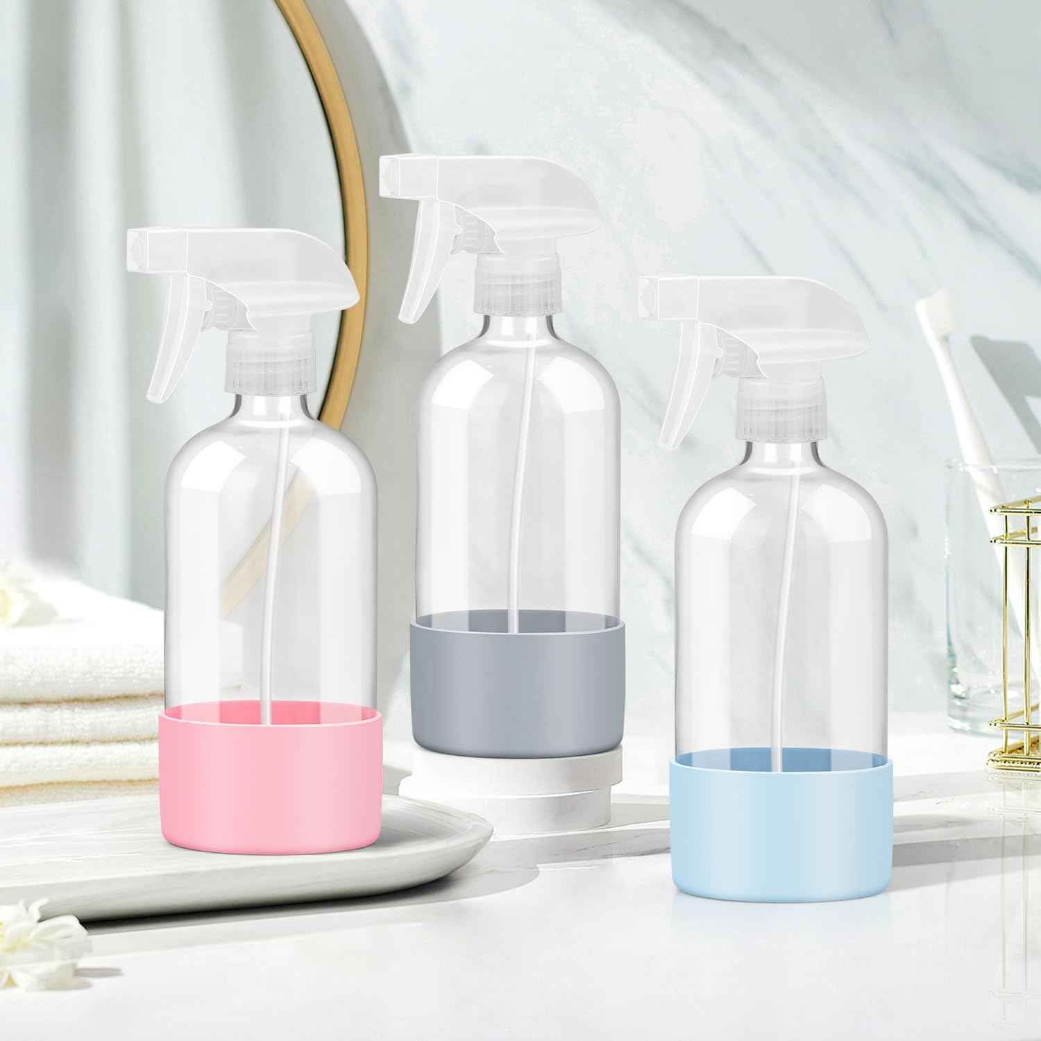 Rionisor Glass Spray Bottles with Silicone Sleeve Protection, Empty 16 oz Refillable Containers, Reusable Spray Bottles with Adjustable Nozzle for Hair, Cleaning Solutions, 3 Pack Grey&Blue&Pink