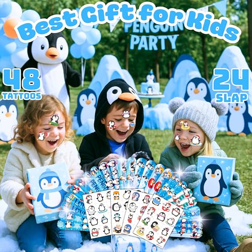 72-Piece Penguin Party Favors Bundle with Tattoos & Slap Bracelets