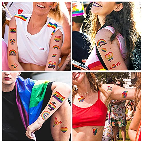 Pride Day Rainbow Temporary Tattoos, 73pcs LGBTQ Fake Tattoo Designs, Gay Parade Body Painting Party Celebration Personality Decoration, Waterproof Stickers, Heart Love Stripes Art Favor Supplies