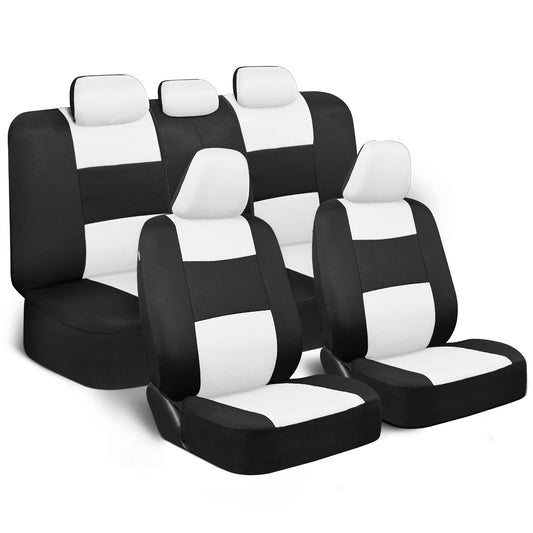 BDK PolyPro Car Seat Covers Full Set in White on Black, Front and Rear Split Bench Seat Covers for Cars, Easy to Install Car Seat Cover Set, Car Accessories for Auto Trucks Van SUV - White