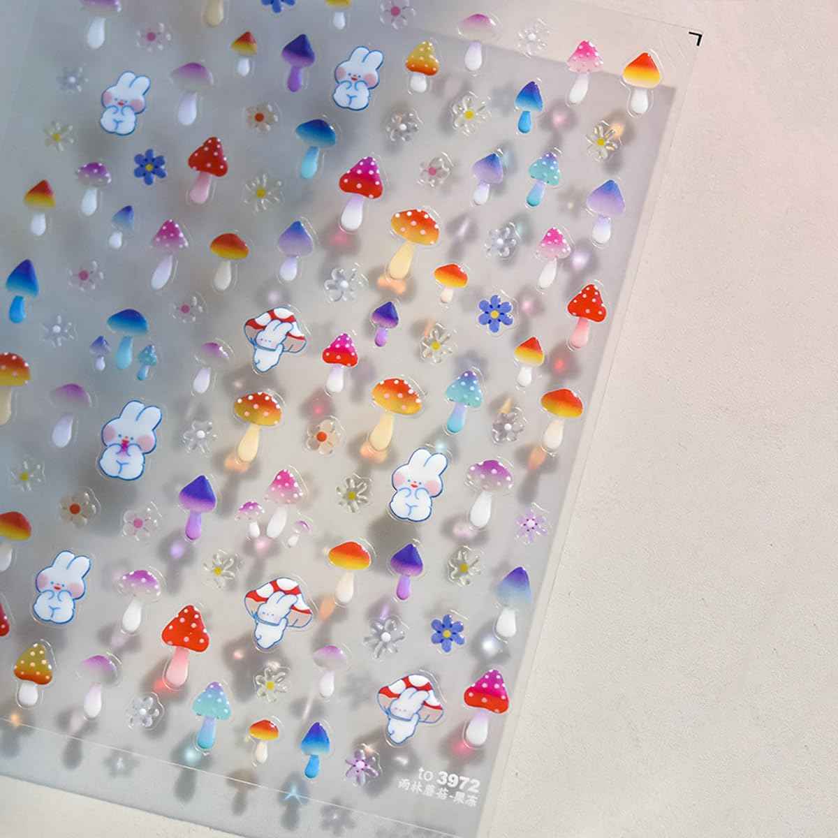 1 Sheet Cute Mushroom Nail Stickers Rabbit Flower Nail Art Decals 5D Jelly Sense Self-Adhesive Nail Design Stickers for Women DIY Spring Nail Art Supplies Acrylic Nails Accessories