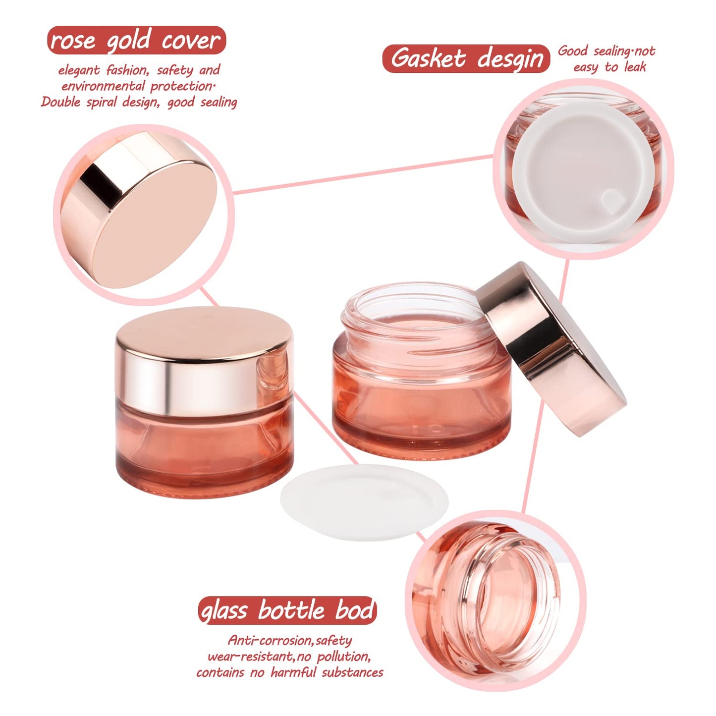 DMuuuDM 12 Pcs 0.5 oz Pink Glass Jars,Empty Refillable Cream Jars with Rose Gold Lids&Inner liner,Sample Cosmetic Container Vials Pot for Face Cream,Ointment,Lotion,Moisturizer