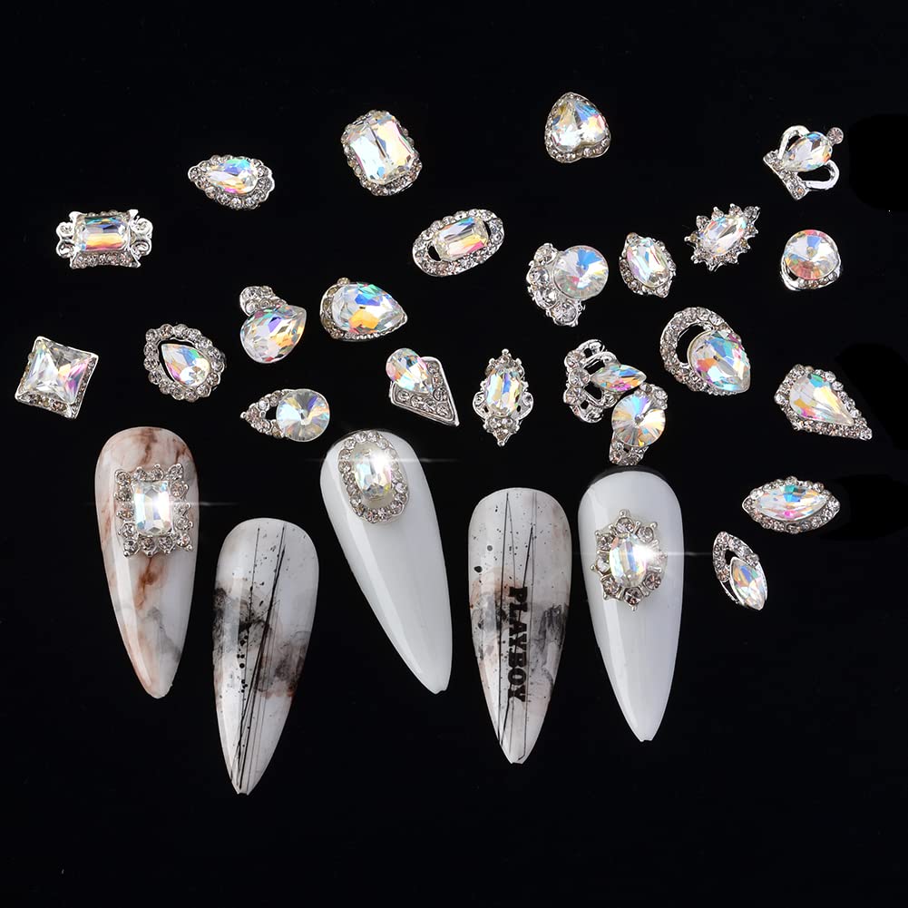 Nail Art Decoration Kit, 120Pcs Mixed Shapes Nail Rhinestones Nail Crystal Diamond Box Nail Charms Multi Sizes 3D Nail Decoration Gem Diamonds Jewelry for Nails Crafts Nail Accessories (24 Styles,AB)