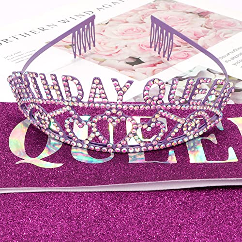 Purple AB Rhinestone Tiara & Birthday Queen Sash Set