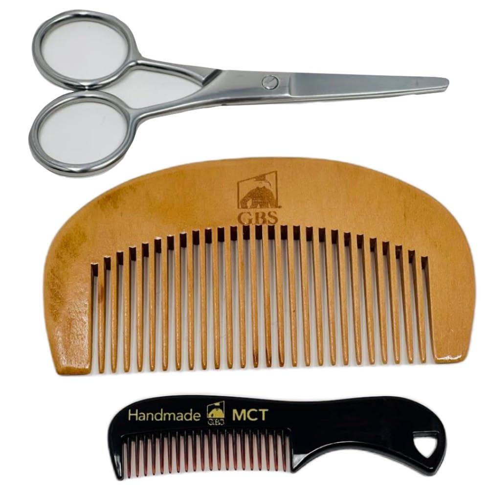 G.B.S 3n1 Professional Men's Beard and Mustache Trimming Styling 4" Scissors Beard Wood Comb and Mustache Comb