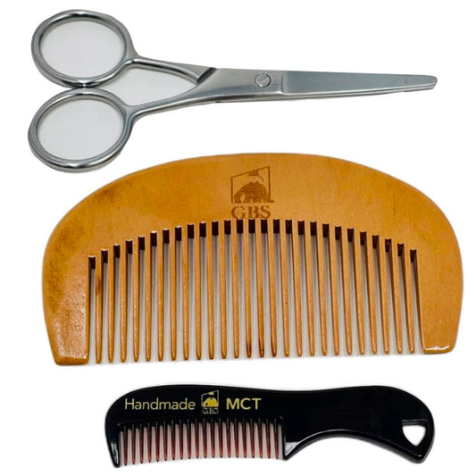 G.B.S 3n1 Professional Men's Beard and Mustache Trimming Styling 4" Scissors Beard Wood Comb and Mustache Comb