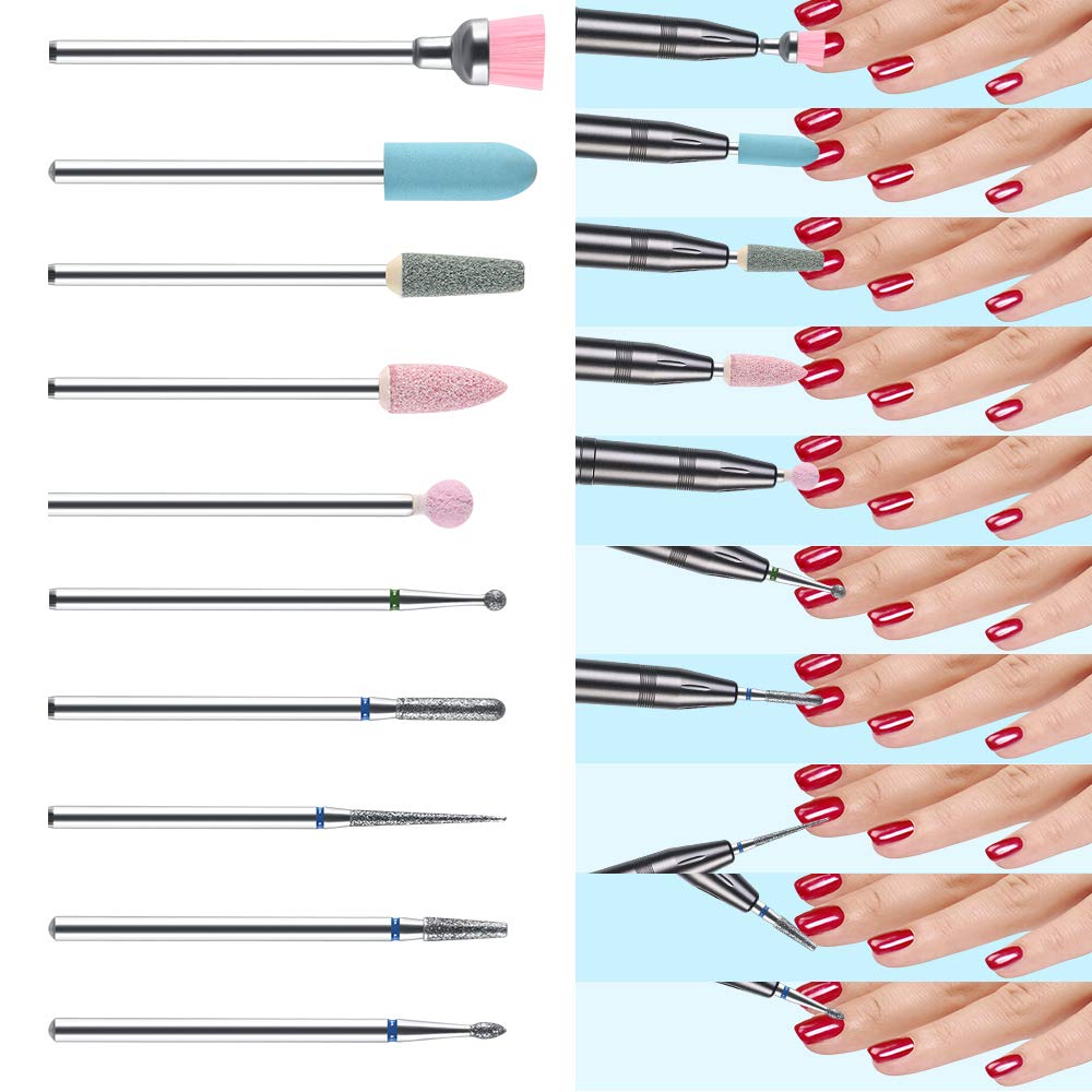 URAQT Nail Drill Bits Set, 10 pcs Electric Nail Drill Bits Kit 3/32, Professional Cuticle Polishing Bits for Acrylic Gel Nails, Electric Nail Files Manicure Pedicure Drill Tool