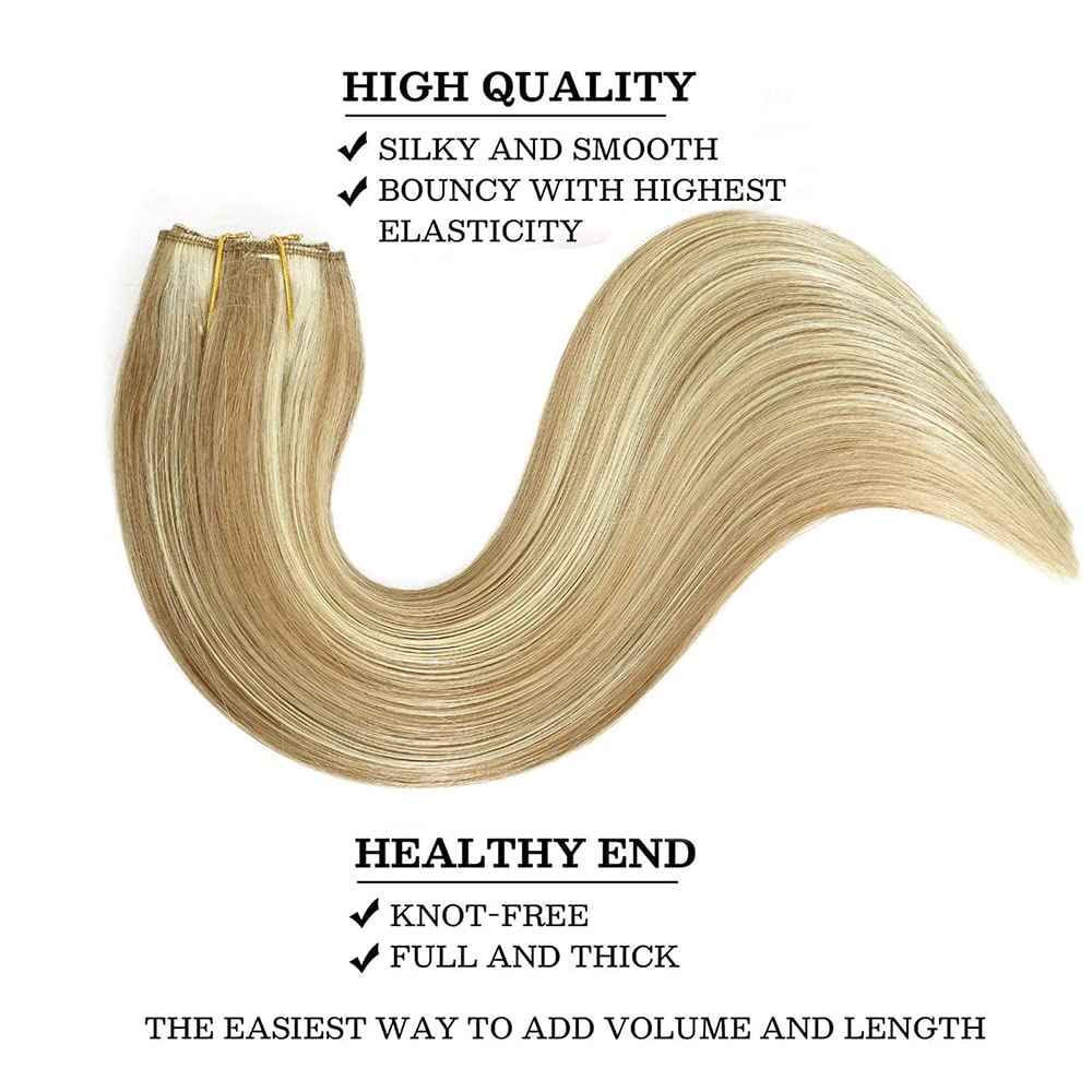 Star Show Wire Hair Extension Human Hair For Women Ash Blonde 16# with Bleach Blonde 613# Natural Straight Hair One Piece for Full Head (14 inch, Highlight Color #16/613)