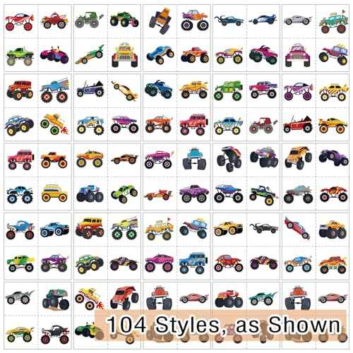104 PCS Monster Truck Temporary Tattoos for Kids Party Supplies, Individually Wrapped Monster Truck Fake Tattoos Temp Tattoo Stickers for Boys Girls Birthday Party Favors Decorations Activities