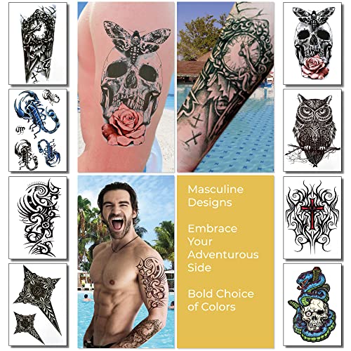 Temporary Tattoos For Men Guys Boys & Teens - Fake Half Arm Tattoos Sleeves For Arms Shoulders Chest Back Legs Cross Skull Owl Clock Scorpion Rose Realistic Waterproof Transfers 8 Sheets 8x6"