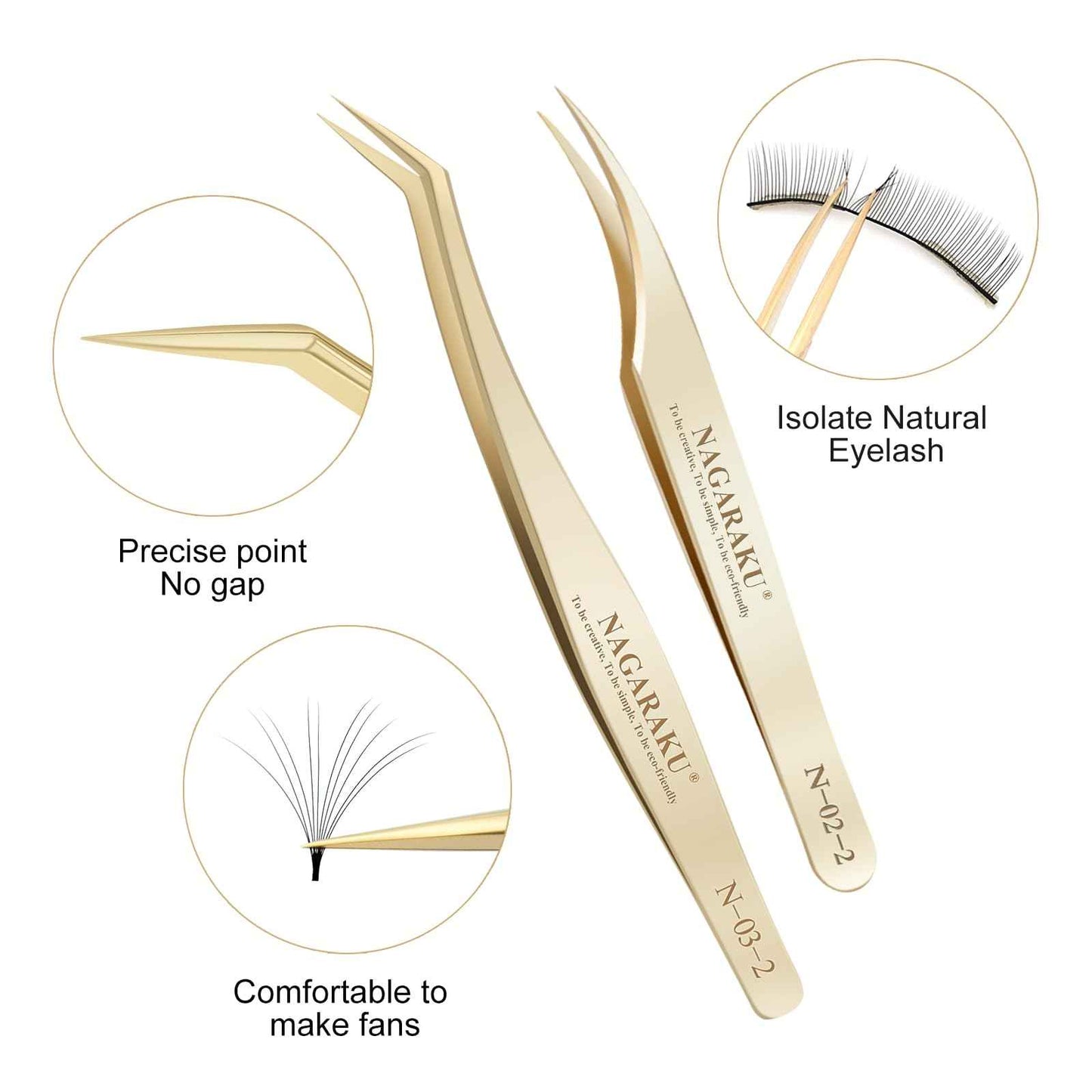 NAGARAKU Eyelash Extension Tweezers Gold Straight Curved Angled Long tip Volume Cluster Light Weight Easy Fanning Tweezer Stainless Steel Precision 1 Pair Lash Applicator Tool (N-02-2 & N-03-2)