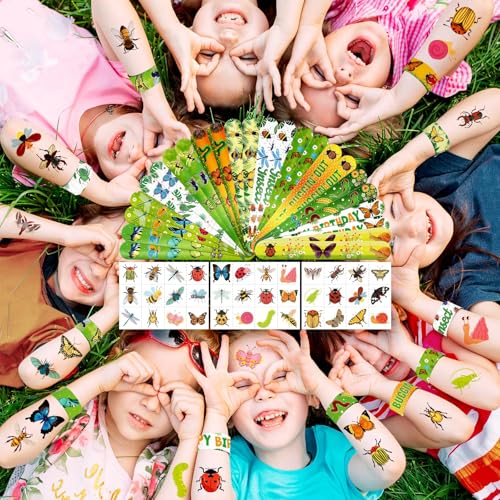 Bug Party Favors Set - 60 Pc Slap Bracelets & Tattoos for Kids