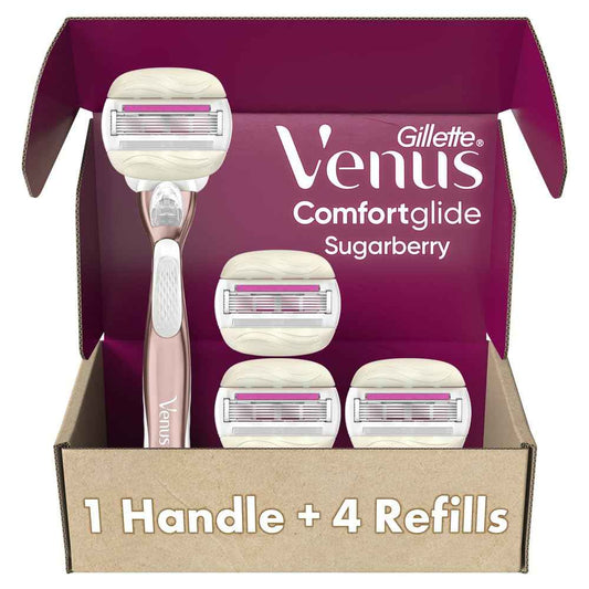 Gillette Venus Comfortglide plus Olay Sugarberry Women's Razor with Rose Gold Metal Handle + 4 Blade Refills, Holiday Gifts for Women