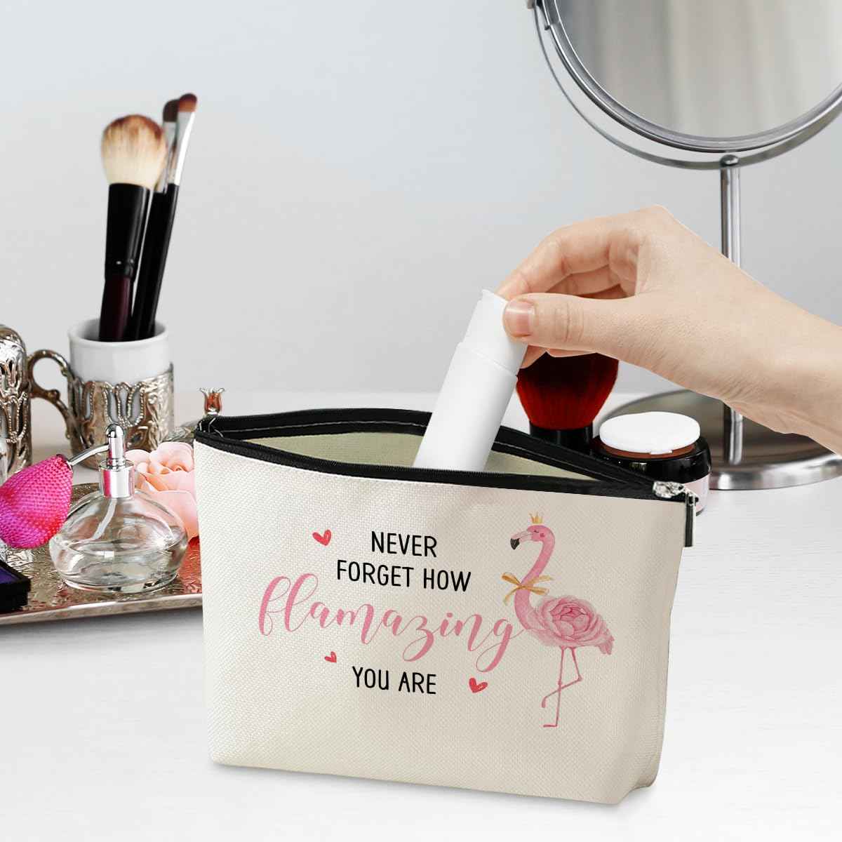 jeilink Funny Pink Flamingo Makeup Bag Flamingo Gifts Flamingo Decor Party Supplies Inspirational Christmas Birthday Gifts for Women Flamingo Lovers Girl Daughter Friend Coworker Travel Toiletry Bag