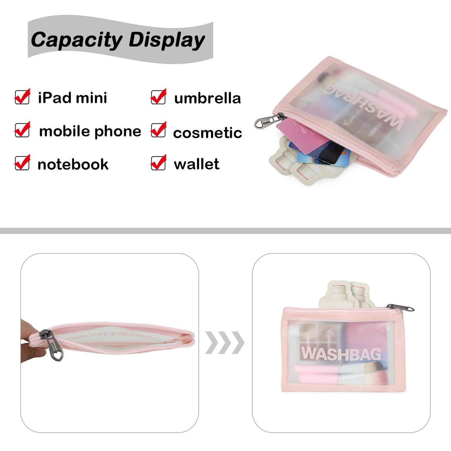 Gladdon Clear Travel Toiletry Bags for Women Clear Purse Bathroom Shower Pouches Makeup Bag Set of 4 Washbags Pink