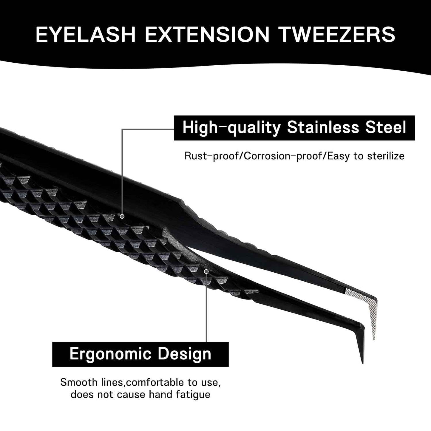 VAVALASH Lash Tweezers for Eyelash Extensions, Fiber Tip Diamond Grip 90 Degree Tweezers for Lash Extension,Professional Precision Black Lash Tweezers for Volume & Classic Lashes (90 Degree Tweezers)