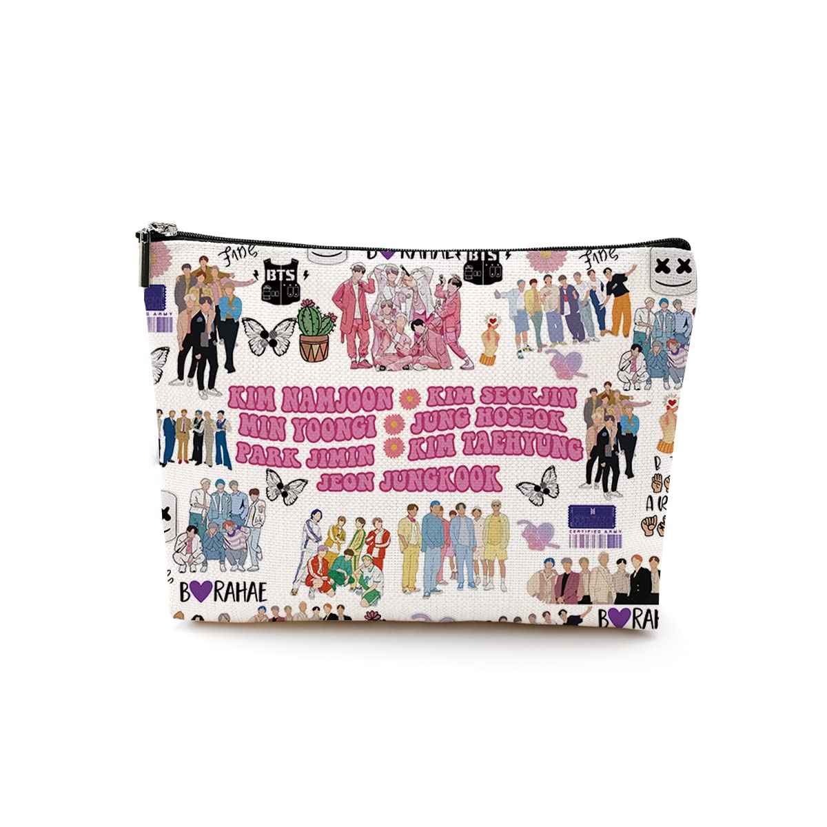 Funny K Pop Character Korean Group Army Cosmetic Bag Singer Inspired Song Idea Gift Army Members Fans Gift Music Lover Merch Makeup Bag Friendship Gifts for Women Friends Mom Aunt Birthday Christmas