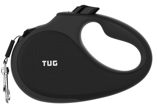 TUG 360° Tangle-Free Retractable Dog Leash with Anti-Slip Handle | 16 ft Strong Nylon Tape | One-Handed Brake, Pause, Lock (Small, Black/Grey)