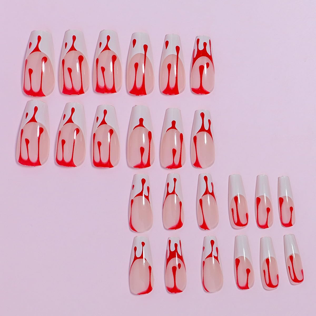 24Pcs Red Halloween Press on Nails Long Square Fake Nails French Tips False Nails Red Blood Full Cover False Nails with Designs Stick on Nails Artificial Nails Finger Manicure for Women and Girls