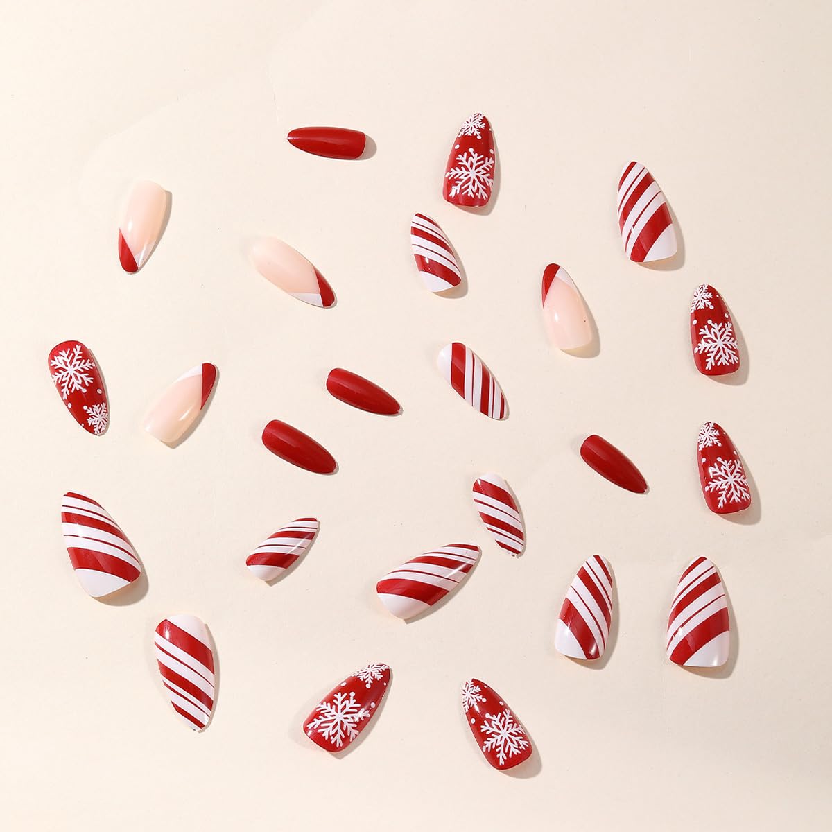 24pcs Christmas Press on Nails Medium Almond Fake Nails Snowflake Winter Xmas Nails Press on Red White Stripes with Designs Acrylic Full Cover Glossy Glue on Nails Artificial Nails Christmas for Women