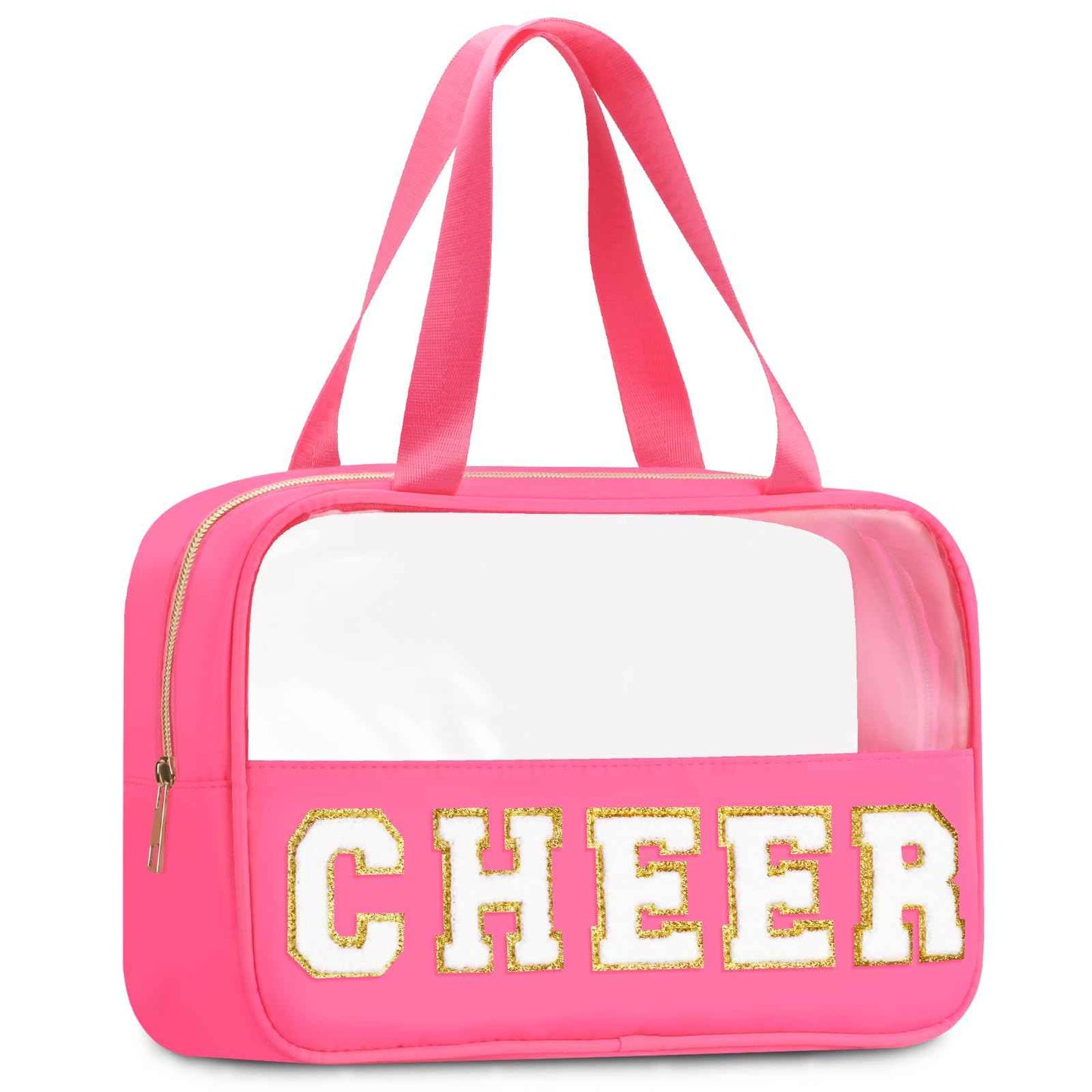 BuyCard Cheer Chenille Letter Bags Clear Makeup Bag, Cheerleader Gift Cosmetic Bag for Travel Zipper Pouch with Handle Cheer Accessories, Nylon & PVC Waterproof Toiletry Organizer Bag for Women Girls
