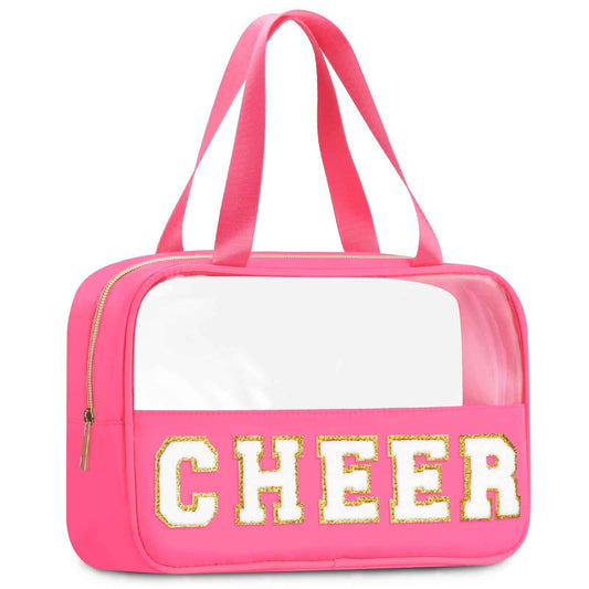 BuyCard Cheer Chenille Letter Bags Clear Makeup Bag, Cheerleader Gift Cosmetic Bag for Travel Zipper Pouch with Handle Cheer Accessories, Nylon & PVC Waterproof Toiletry Organizer Bag for Women Girls