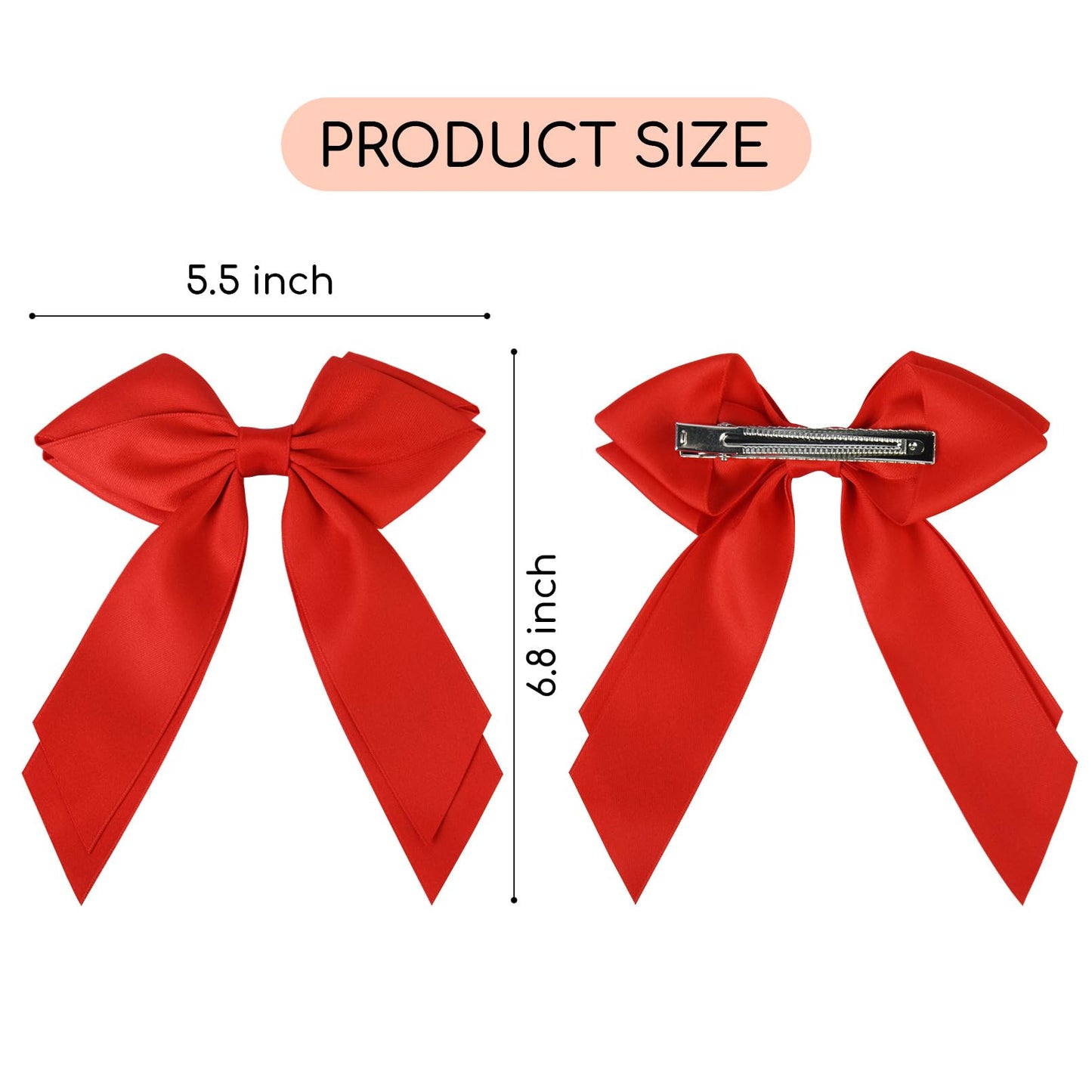 DEEKA 2 PCS Hair Bows Hair Ribbon Clips for Women 6" Black Red Double-layered Hair bows Matte Satin Bowknot Long Tail Hair Accessories for Women Girls (Red, Black)