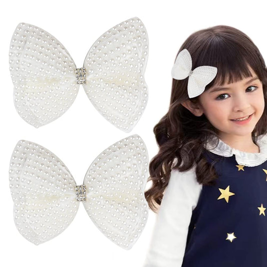 2Pcs Rhinestone Pearl Hair Bows for Toddler Kids Girls, White Double Layer Butterfly Floral Hair Bow Clip Hairpin Wedding Accessories for Women Girls Baby New Year Xmas Gifts (Bowknot)