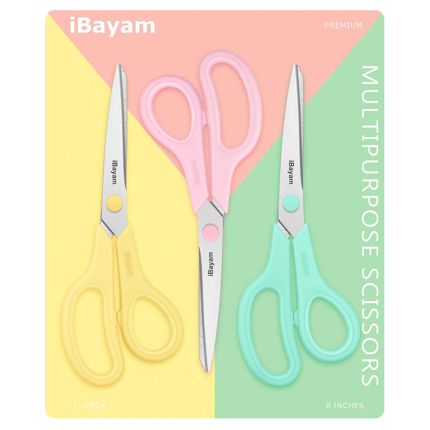 Scissors, iBayam 8" All Purpose Scissors Bulk 3-Pack, Ultra Sharp 2.5mm Thick Blade Shears Comfort-Grip Scissors for Office Desk Accessories Sewing Fabric Home Craft School Supplies, Right/Left Handed