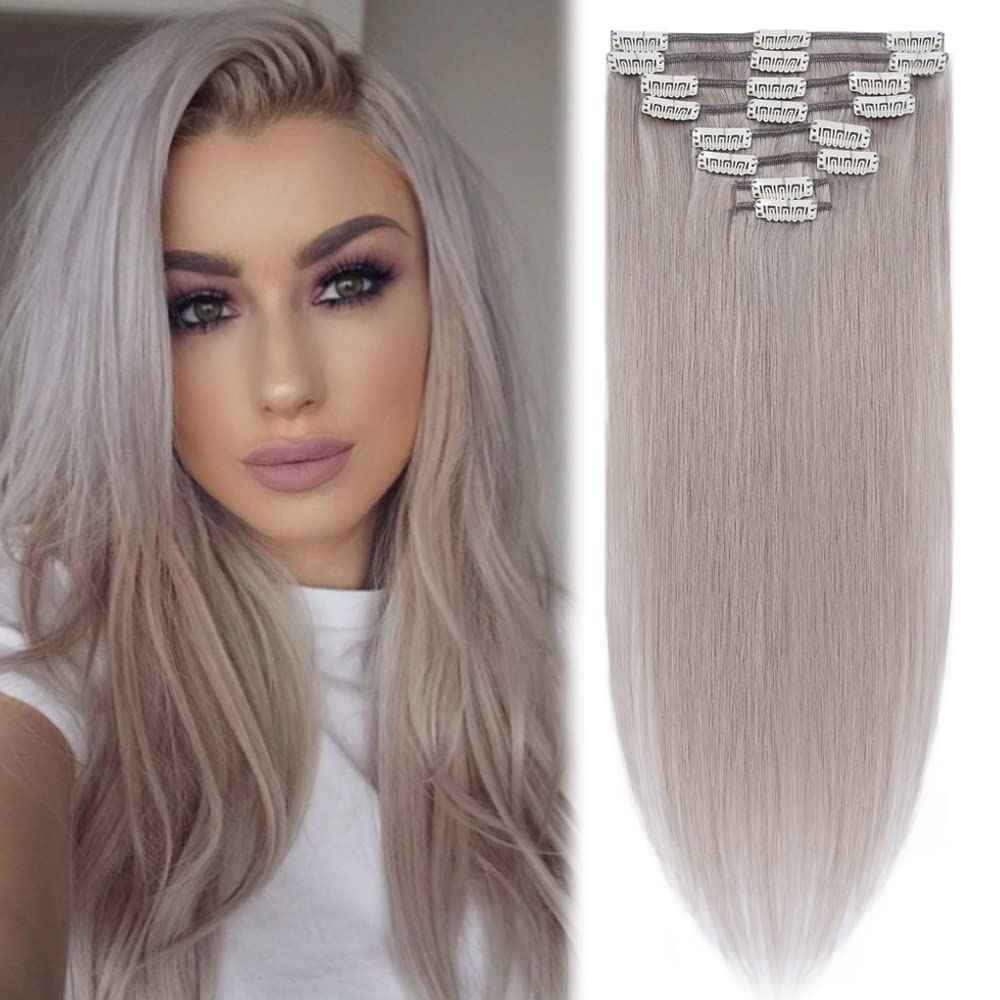 MY-LADY Clip in Hair Extensions Real Human Hair Gray 12 Inch 55g Remy Hair Grey 8pcs Weft Balayage Full Head Natural Straight for Women