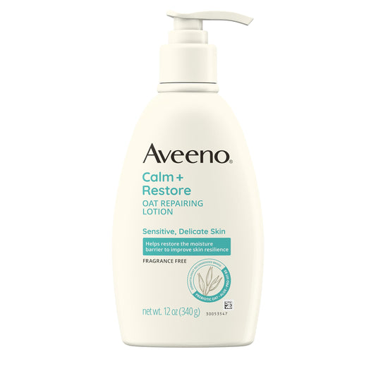 Aveeno Calm + Restore Oat Repairing Body Lotion for Sensitive Skin, Daily Moisturizer with Prebiotic Oat, Aloe & Pro-Vitamin B5 Helps Restore Skin's Moisture Barrier, Fragrance Free, 12 oz