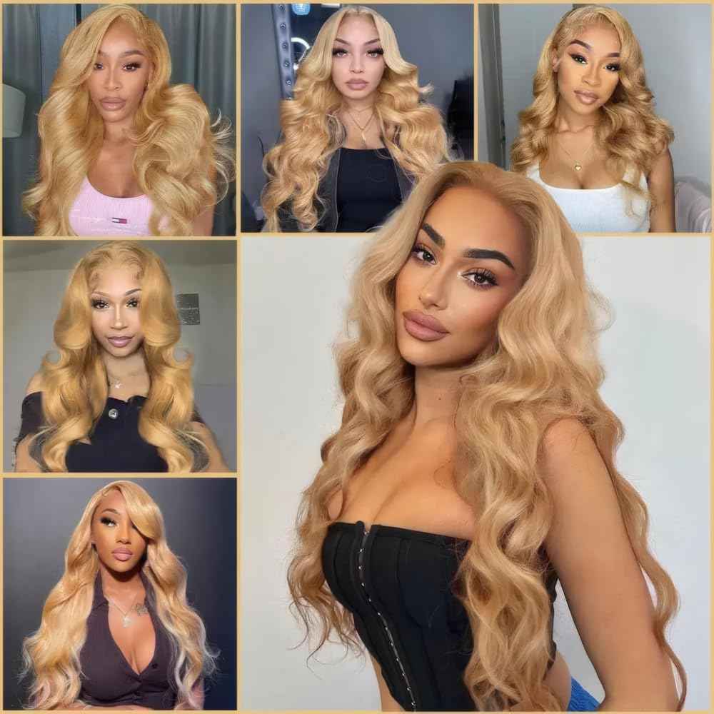 LOIUMGUU Honey Blonde Human Hair Bundles Color #27 Body Wave Bundles 8 10 12 Inch Double Weft Soft Unprocessed Brazilian Virgin Remy Double Weft Soft Real Blonde Hair Extensions