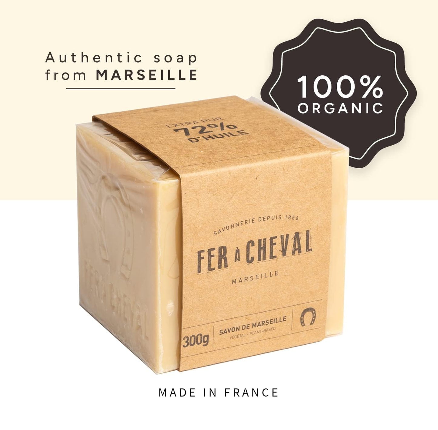 Fer à Cheval Vegetal Savon De Marseille Soap Bar, Natural Hypoallergenic Plant-Based Marseille Soap Cube, Authentic All-Purpose Soap, 300g/10.58oz