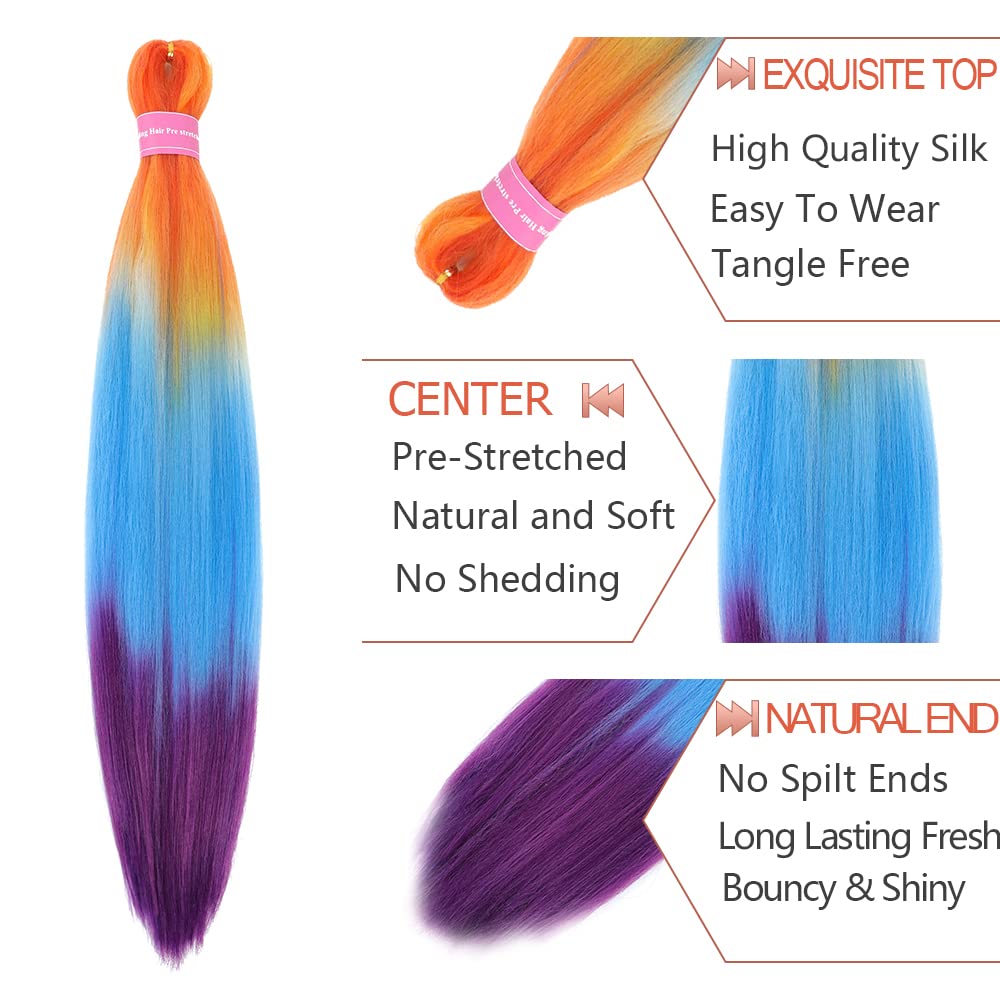 AFNOTE Pre Stretched Braiding Hair Extensions for Braids 26 Inch 6 Packs Ombre Braiding Hair Pre Stretched Professional Synthetic High Temperature Braid Hair Extension-Orange/Blue/Purple