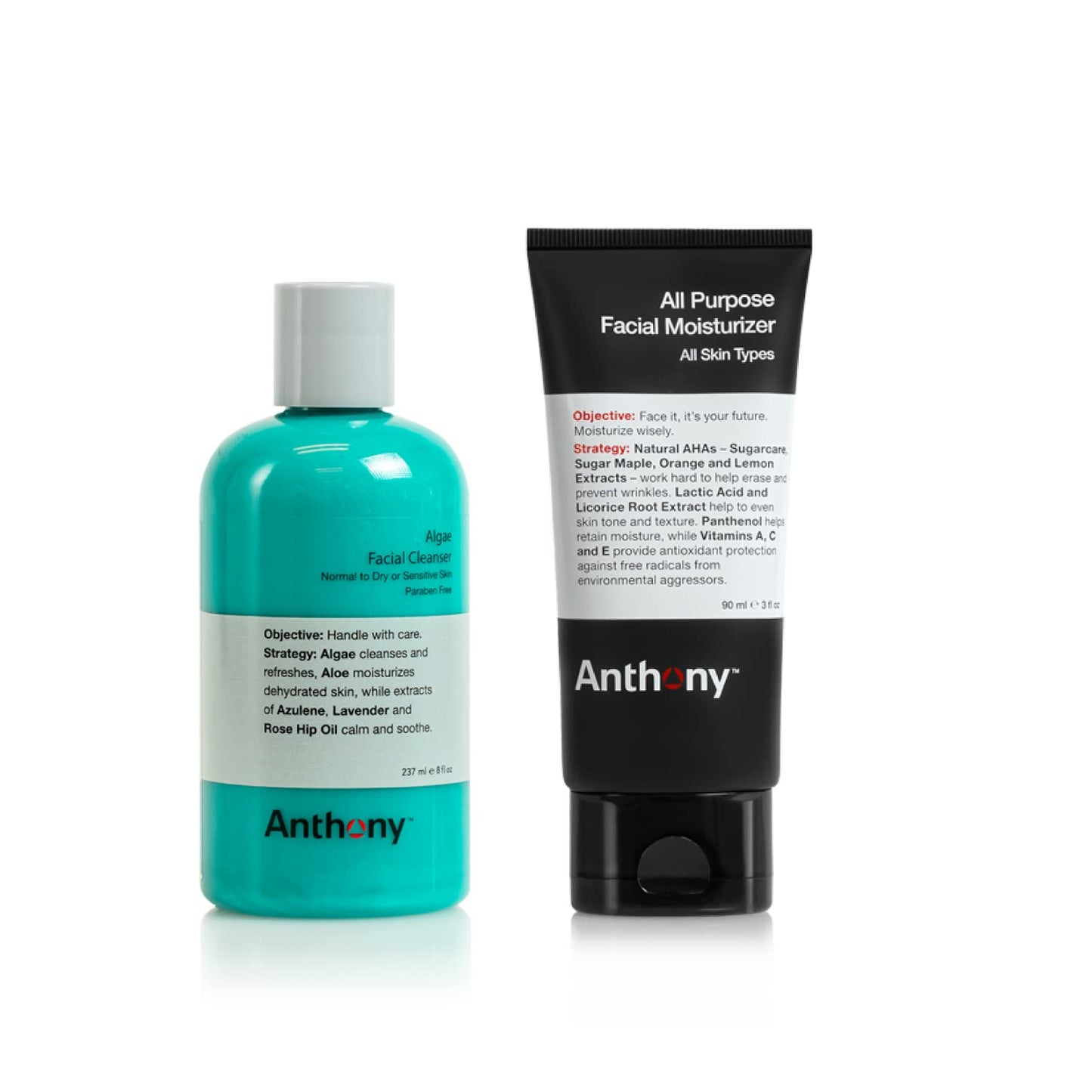 Anthony Sensitive Skin Duo, All-Purpose Facial Moisturizer - Men’s Hydrating Lotion for Dry Skin and Algae Facial Cleanser