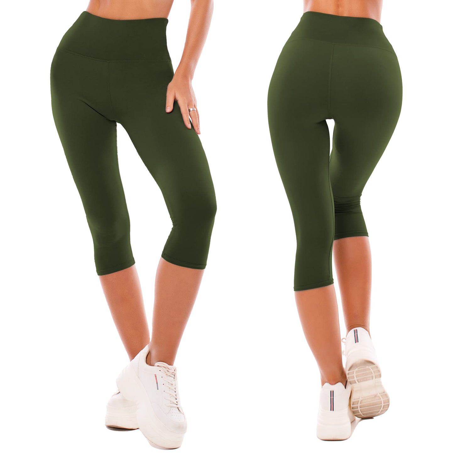 SINOPHANT High Waisted Leggings for Women - Full Length Capri Buttery Soft Yoga Pants for Workout Athletic(Capri ArmyGreen,S-M)