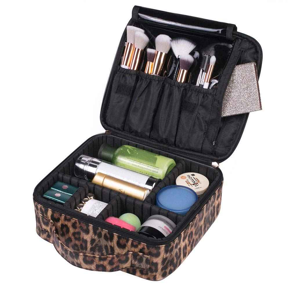 JUER Travel Makeup Train Case with Adjustable Dividers White Marble Makeup Organizer Bag Portable Cosmetic Storage Cases with Brush Holders (Leopard texture)