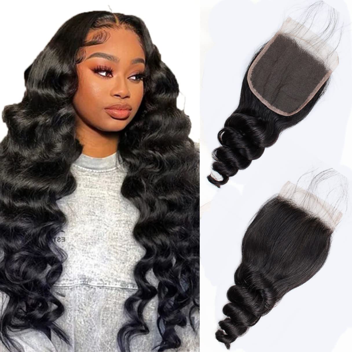 Brazilian Loose Wave 4x4 Lace Closure 100% Unprocessed Human Virgin Hair Pre Plucked Loose Deep Wave Pre-Plucked Hairline Frontal Closure Natural Black With Baby Hair (12inch, loose wave 4x4)