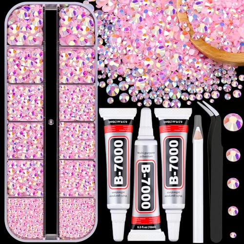 TINKRSTUFF Resin Jelly Rhinestones with Glue – Light Pink AB Flatbacks 2 Box Kit (1 Small Pack + 3x10ml Glue) for DIY Tumblers, Nails, Clothing