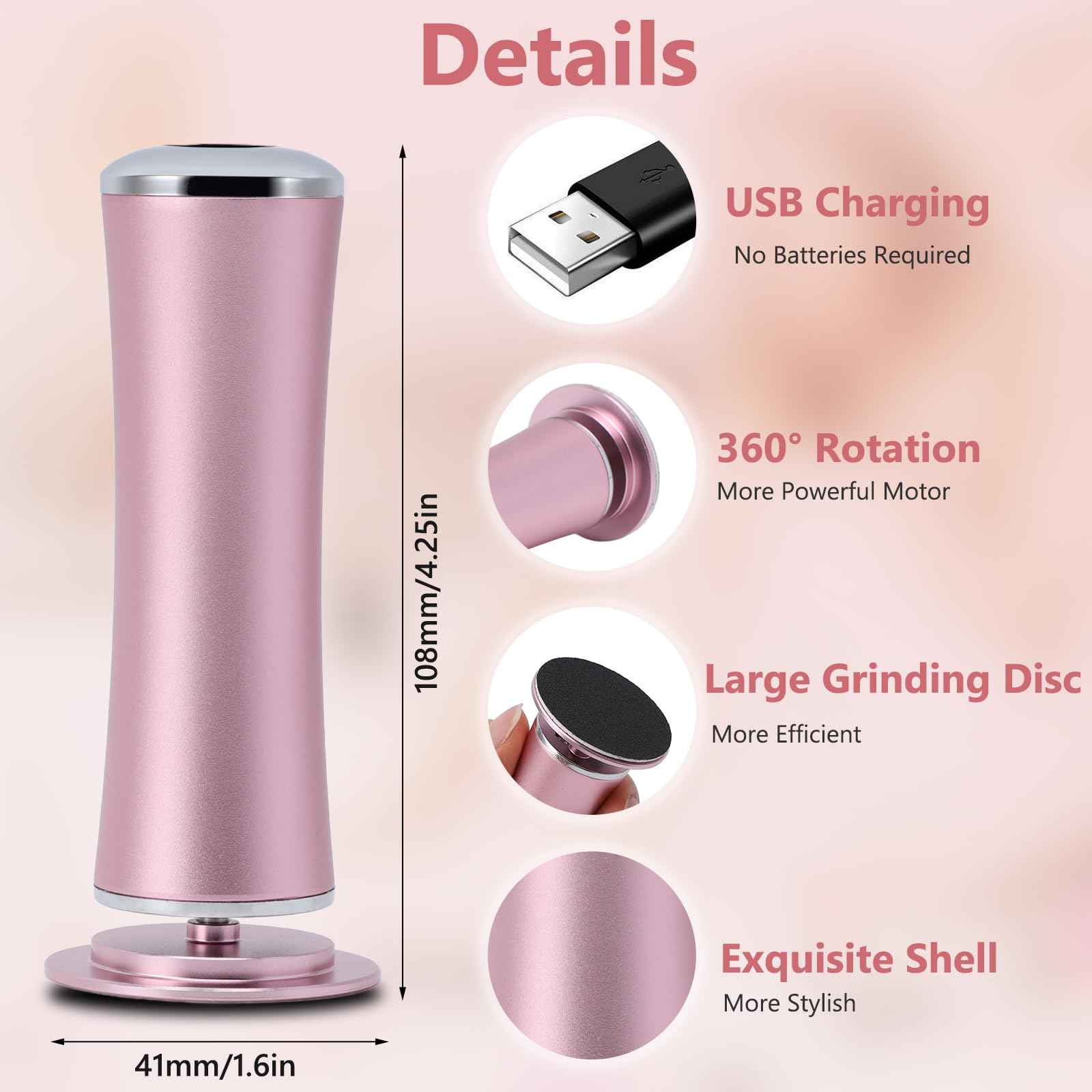 Electric Foot Callus File, Adjustable Speed Foot Grinder with 60pcs Reusable Sandpapers, Portable Foot Care Tool for Men & Women, Ideal for Home or Professional Pedicure Use (Pink)