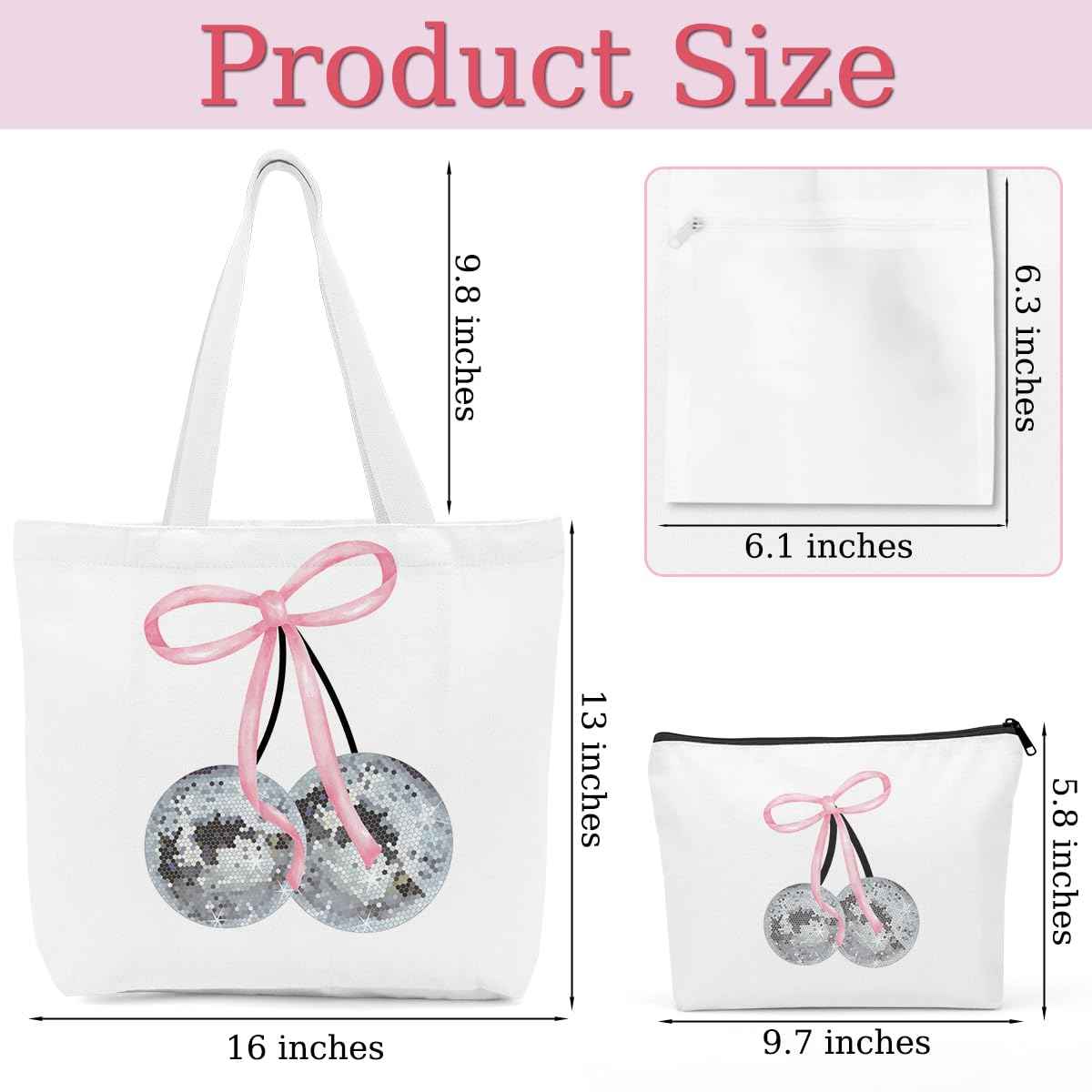 Cute Pink Coquette Bow Cherry Canvas Tote Bag Beach Tote Bag for Women with inner Pocket, Preppy Stuff Gifts for Women Teen Girls Sister Friendship Reusable Shopping Grocery Bags Travel Makeup Bagss
